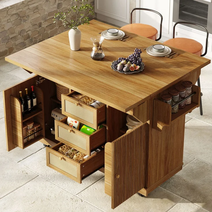 Küchenwagen mit Klappplatten, B 142,5 x T 80 x H 95 cm, MDF und PE-Rattan, erweiterbar – Bild 1