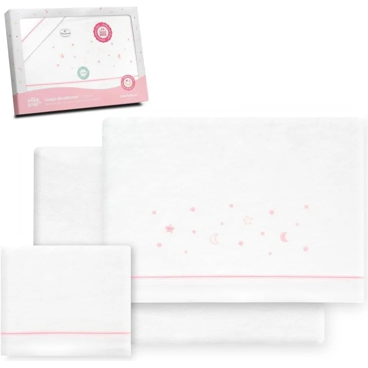 Interbaby Bettwäsche-Set für Kinderbett, 60x120 cm, 100% Baumwolle, warm, weich, inklusive Spannbettlaken, Bettbezug und Kissenbezug, ideal für den Winter, Sterne, Mond, Weiß/Rosa
