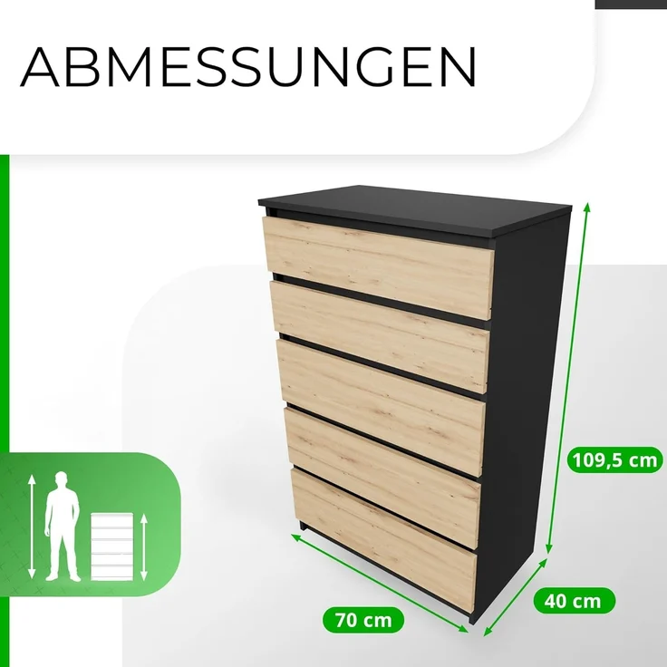 CDF Kommode Malwa M5 | Farbe: Anthrazit - Eiche Artisan | Schrank für Dokumente, Kleinigkeiten | Ideal für Wohnzimmer, Schlafzimmer, Kinderzimmer, Jugendzimmer und Büro | 5 geräumige Schubladen – Bild 3