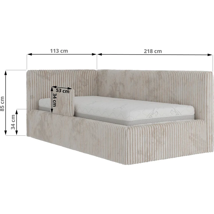 Kinderbett, Polsterbett 90x200 TILVO ALTA mit Rausfallschutz & Bettkasten, Gasdruckfeder-Lift, inkl. Lattenrost, Matratze wählbar - Beige Cord - VIRE LUX - Rechts Seite – Bild 4