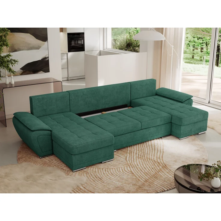 U-förmiges Ecksofa mit Schlaffunktion, genähter Sitz, zwei Armlehnen und losen Kissen - UMBRIA U - Grün Stoff – Bild 4