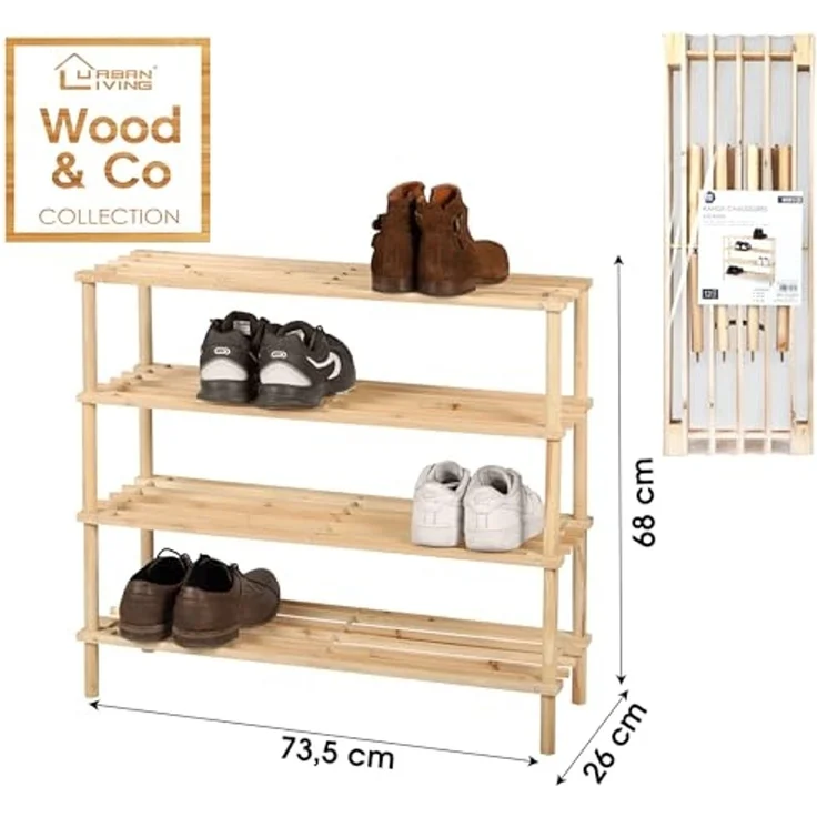 Urban Living Wood & CO Schuhregal, 4 Ebenen, 74 x 26 x 68 cm – Bild 2