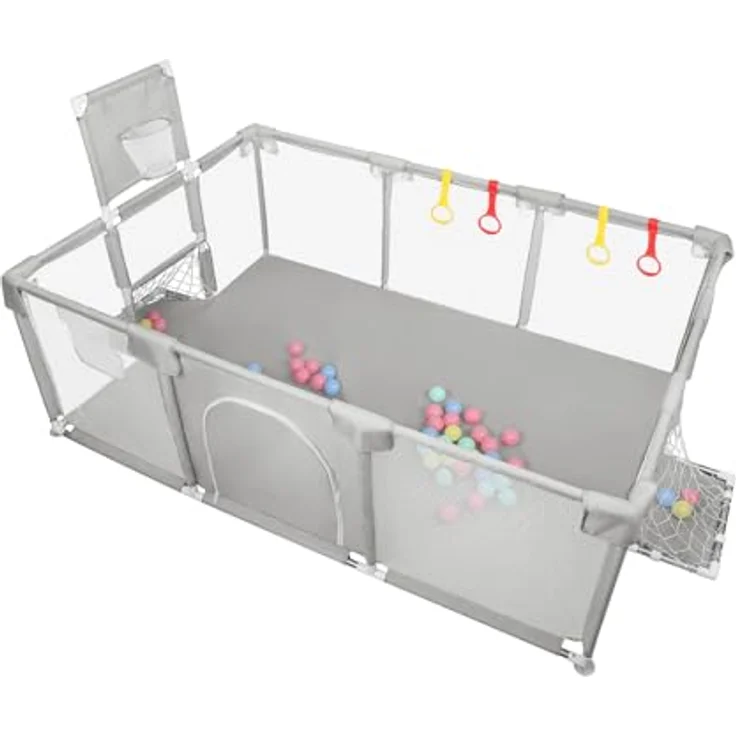 Laufstall, XXL, faltbar, modulierbar, für Babys, mit Barrieren/Netzen/Ozeanball/4 Griffen, extra großer Playpen für Babys und Kleinkinder, Laufgitter, 180 x 120 x 66 cm, hellgrau – Bild 8