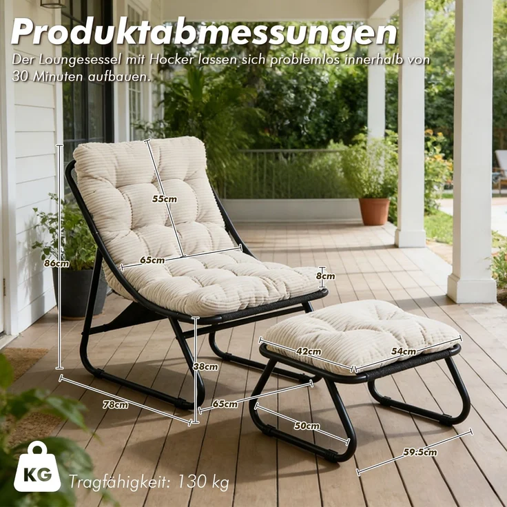 LVHOM Sessel mit Hocker, Gepolsterter Loungesessel aus Cord mit Metallgestell, ergonomischer Relaxsessel für Wohnzimmer und Schlafzimmer, Weiß – Bild 5