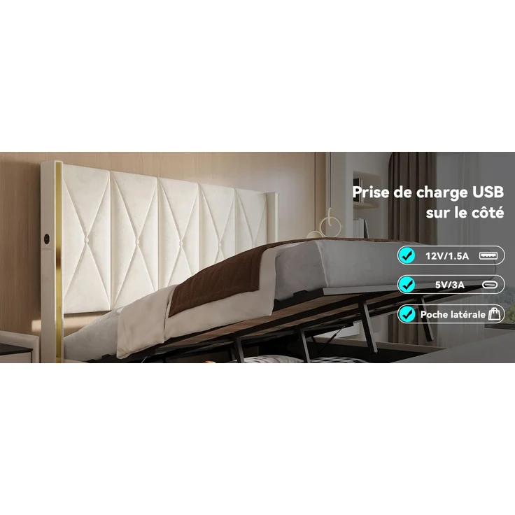 TavilaEcon Boxspringbett Veloursbett mit hohem Kopfteil, Seitentaschen & USB beige Liegefläche 180 × 200 cm – Bild 4