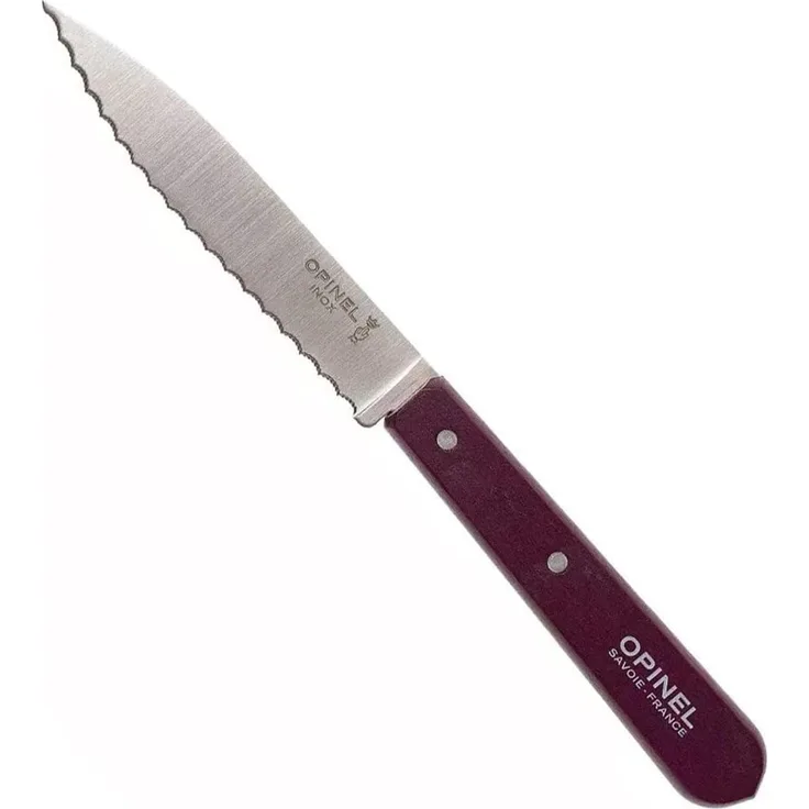 Opinel Erwachsene Küchenmesser No. 113, rostfreier Sandvik-Stahl, Sägezahnung, violetter Buchenholzgriff Kochmesser, Mehrfarbig, One Size