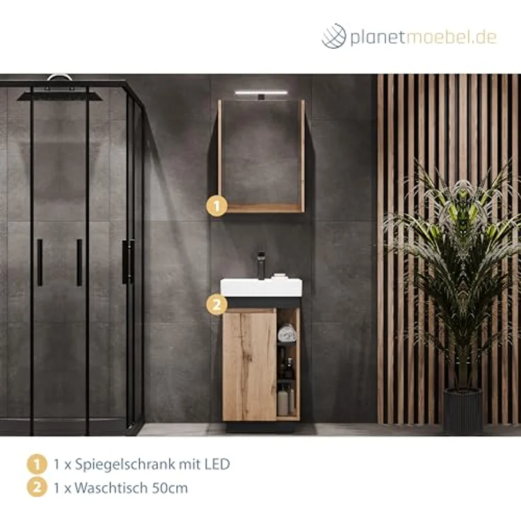 Planetmöbel Badmöbel-Set Nyx, (50cm Waschtisch mit Spiegelschrank, 2-St), Badezimmer Waschtisch 50 cm für Gäste-Bad & WC – Bild 6