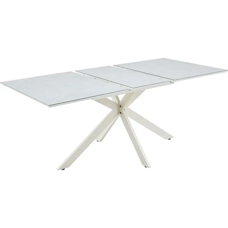 Hela Tische, Auszugstisch Esstisch Fenja, Glasauflage Keramikoptik beige, Schweizer Kante,Stern-Metall-Gestell Cremé mit Arretierung, Maß 140-180x90cm – Bild 7