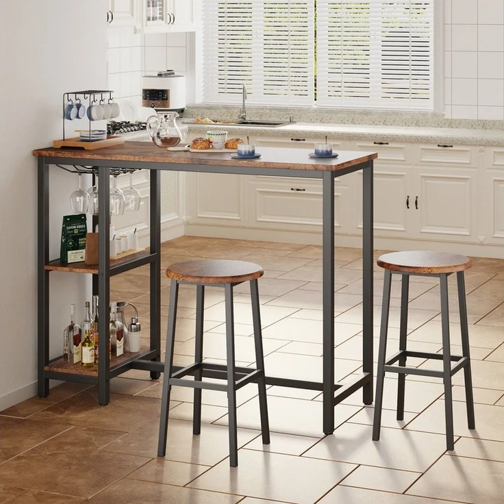 Blishom Bartisch Essgruppe mit 2 Barhockern, Küchentisch für Küche & Esszimmer, Das Weinregal ist zerlegbar, 120 x 40 x 90 cm – Bild 3