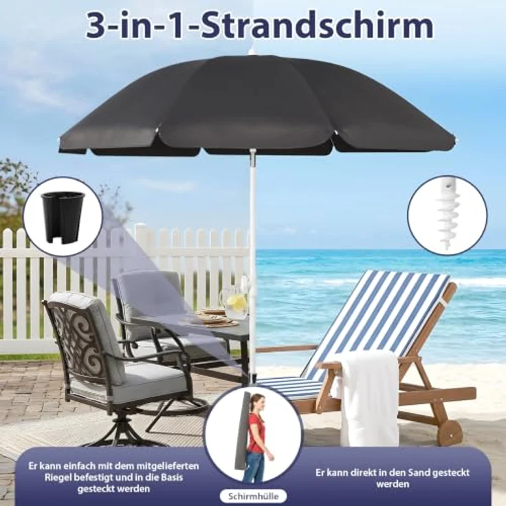 SUNULA Sonnenschirm 160 cm, knickbar und höhenverstellbar mit Bodenhülse & Schutzhülle, UV-Schutz 50+, weiß/silber – Bild 2