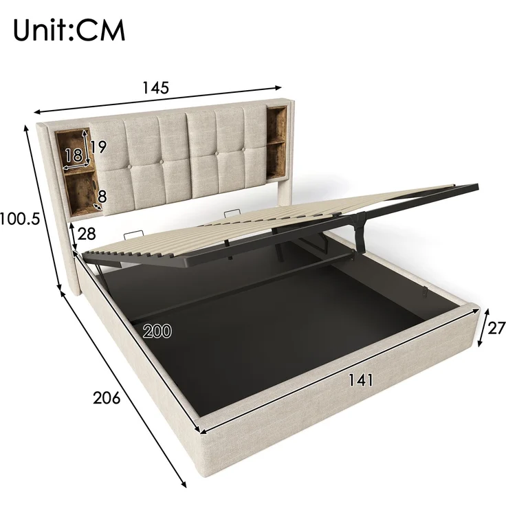 EINHOM Doppelbett 140x200cm mit Stauraum Lattenrost, Polsterbett mit Kabellosem Laden USB C, Leinen, Natürlich (Ohne Matratze) – Bild 2