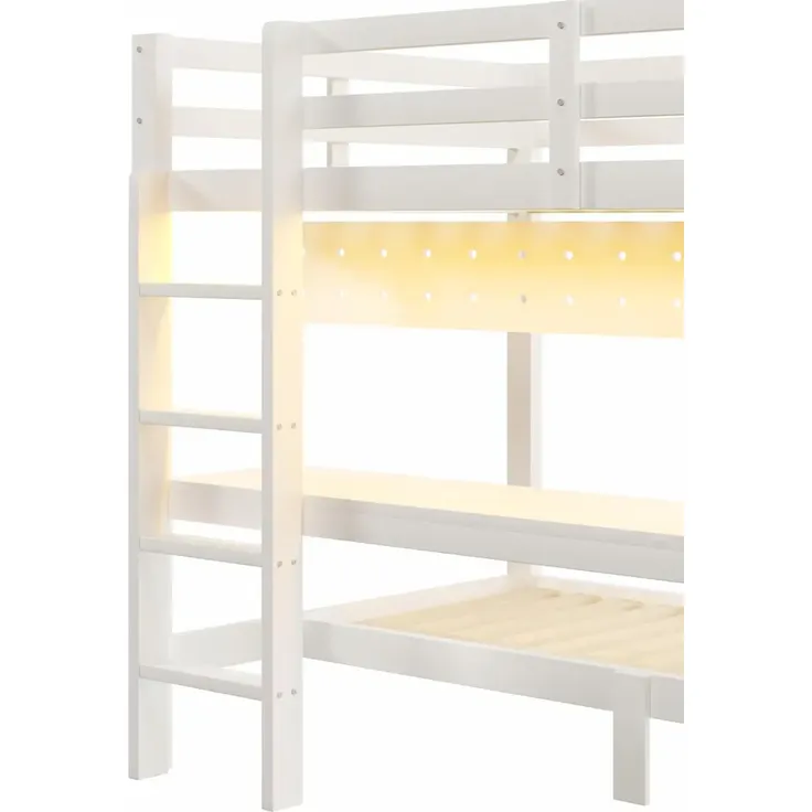 Etagenbett mit Schreibtisch, LED-Beleuchtung, Lattenrost, Wandgitter, Schubladen, Rausfallschutz, Trittleiter und Regal, 140x200 cm/90x200 cm, Kinderbett, Kiefer – Bild 9