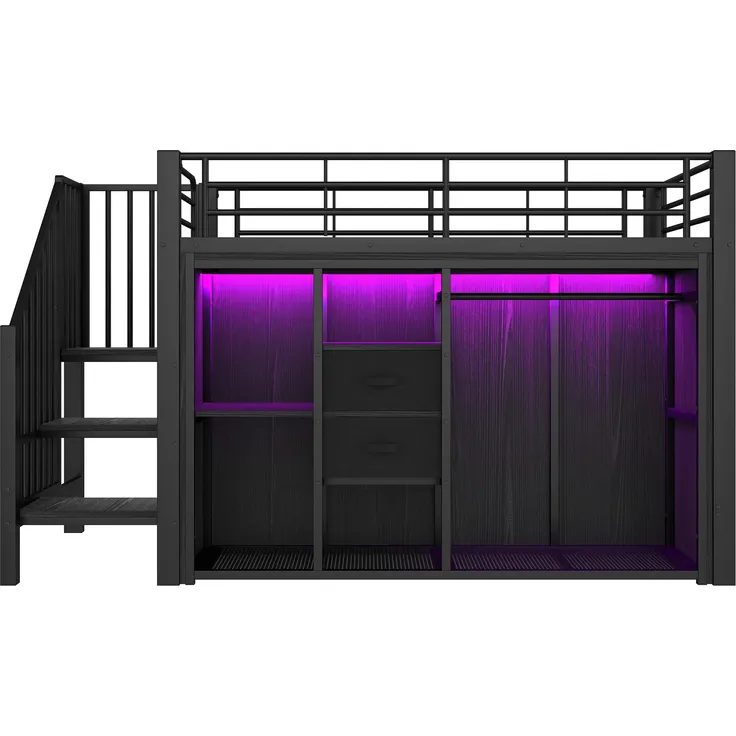 Hochbett mit Kleiderschrank, LED-Streifen, Lattenrost, Treppe und Rausfallschutz, 90x200cm, Kinderbett, Metallbett – Bild 7