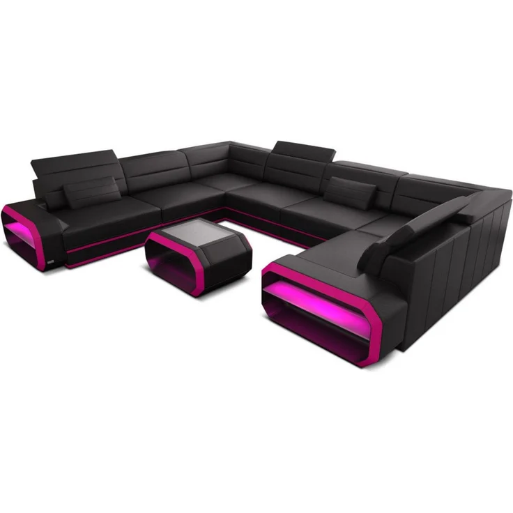 Leder Wohnlandschaft Verona U-Form – Komfort - Ledermix - schwarz-pink - Links – Bild 1