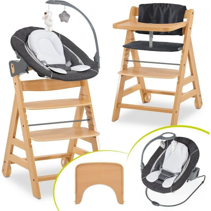 Hauck Hochstuhl Alpha Move Natur Newborn Set Deluxe - Melange Gre (Set), Babystuhl ab Geburt mit Neugeborenenaufsatz, Essbrett & Sitzpolster