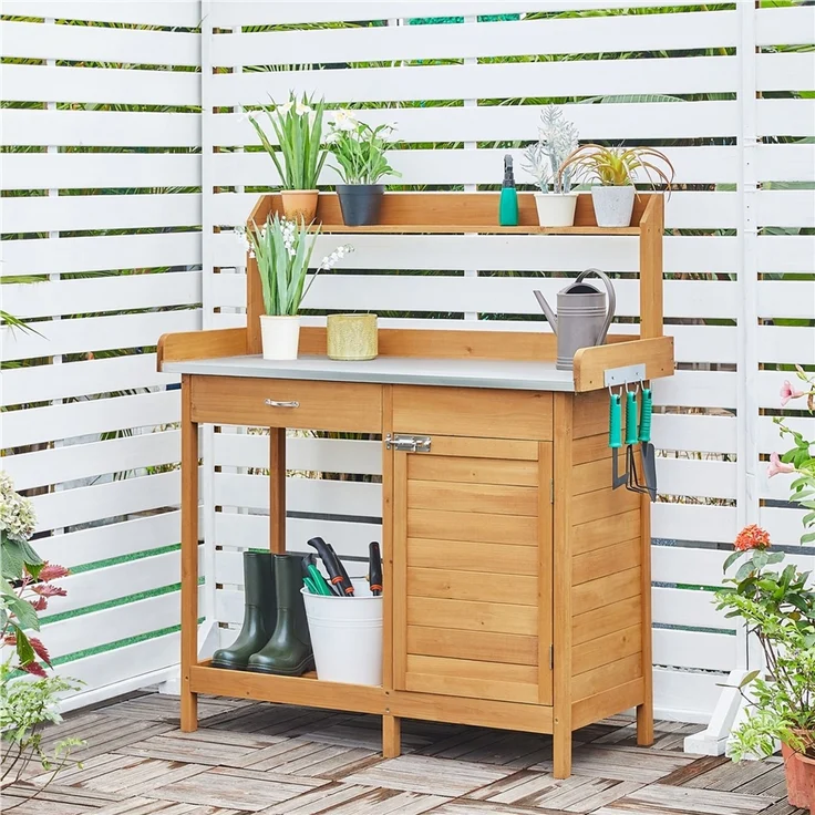 Yaheetech Pflanztisch mit Schubladen & Unterschrank, Blumentisch Gärtnertisch mit verzinkter Arbeitsplatte, wetterfest, 101 x 46 x 125 cm, Holzfarbe – Bild 3