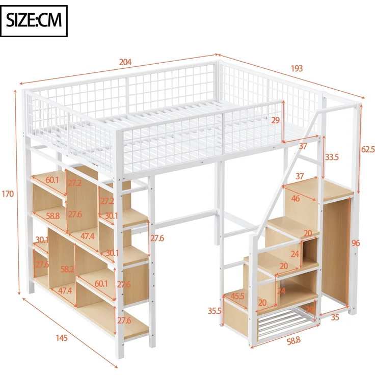 Multifunktionales Hochbett 140x200 cm aus Metall mit Stauraum und Treppe – weiß – Bild 10