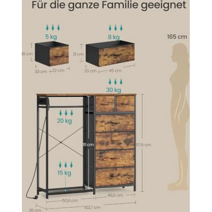 SONGMICS Kommode mit 6 Stoff Schubladen und Kleiderstange, mit LED-Beleuchtung und Steckdosen, Kleiderstange und Schuhablage, 102,7 x 35 x 117,6 cm, für Schlafzimmer, Rustikales Braun LGS523K102 – Bild 2