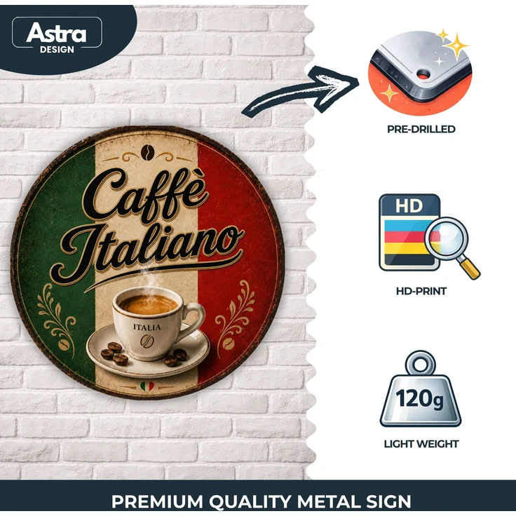 AstraDesign Blechschild Rund 30cm - Caffè Italiano Espresso Kaffee Vintage Deko – Metall – Mehrfarbig – RD0017 – Bild 2