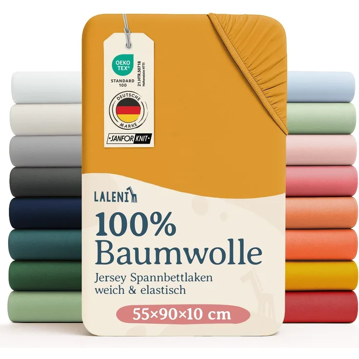 Laleni Jersey Spannbettlaken Beistellbett und Wiege 55x90 cm - Oeko-Tex Zertifiziert, 100% Baumwolle, atmungsaktives Spannbetttuch für Baby, 135 g/m², Spicy Mustard - gelb