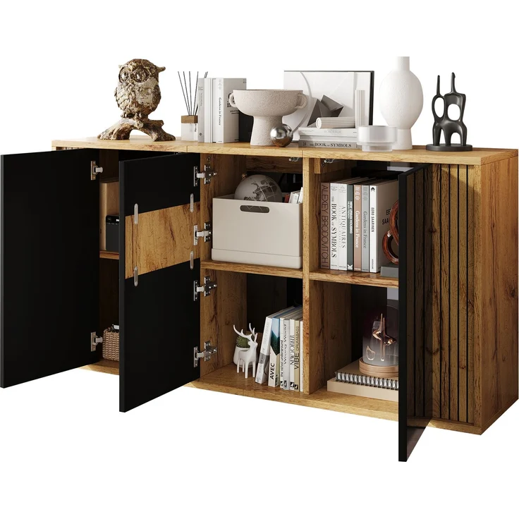 ZUBALIYA Sideboard 140x35x71 cm, mit 3 Türen, aus MDF / Spanplatte, Schwarz / Natur – Bild 19