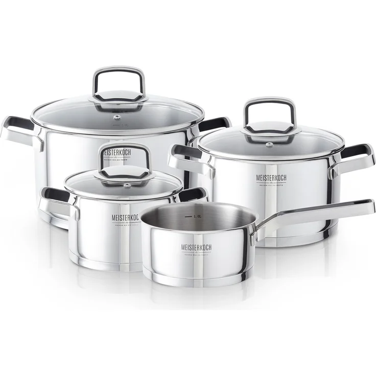 MEISTERKOCH Kochtopf Set komplett aus Edelstahl 4-teilig mit 16cm, 20cm, 24cm Ø Topf & 16cm Soßentopf mit Stiel, Glasdeckel mit Dampfloch, geeignet für Herdarten Induktion, Gas, Elektro & Glaskeramik – Bild 1
