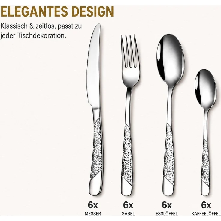 Forrlite Besteck-Set Besteck Set 24-teilig Edelstahl Besteckset,modernes Silber Essbesteck, 6 Personen, mit Messer, Gabel, Löffel & Teelöffel, spülmaschinenfest, Geschenkbox – Bild 3