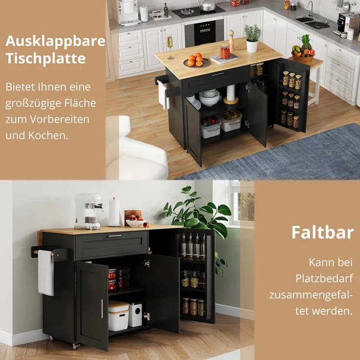 Küchenwagen klappbare Arbeitsplatte Eichenoptik MDF Stauraum Servierwagen mobil Küche Esszimmer,Schwarz – Bild 7