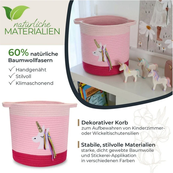 HMF Aufbewahrungskorb Aufbewahrungskorb mit verlängerten Griffen, runder Korb, Baumwolle für Kinderzimmer oder Babyzimmer, Einhorn, 30,5 x 30,5 cm – Bild 2