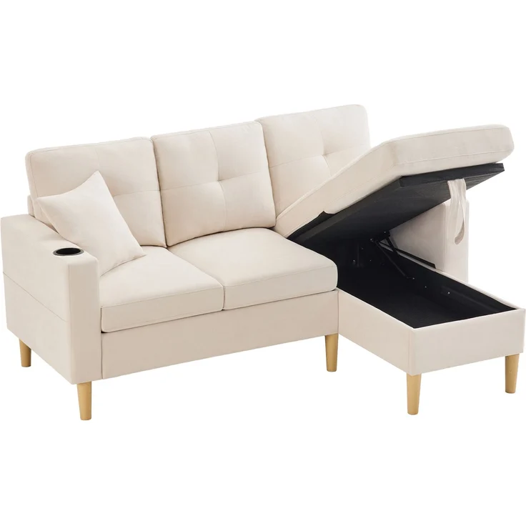 DESVIAE Sofa mit verschiebbarer Chaiselongue und Stauraum 175x90x129 cm Leinenoptik Beige – Bild 8