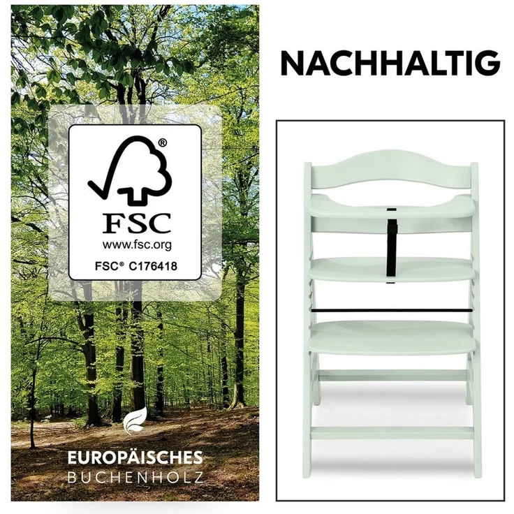 Hauck Hochstuhl Alpha Plus - Mint, Holz Kinderhochstuhl verstellbar mit Essbrett Wooden Tray & Sitzkissen – Bild 4