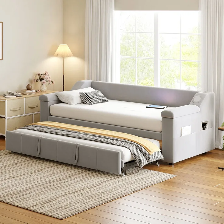 Ausziehbett 90/180×190 cm aus Samt mit Bluetooth-Sound und USB – multifunktionales Schlafsofa mit Stauraum