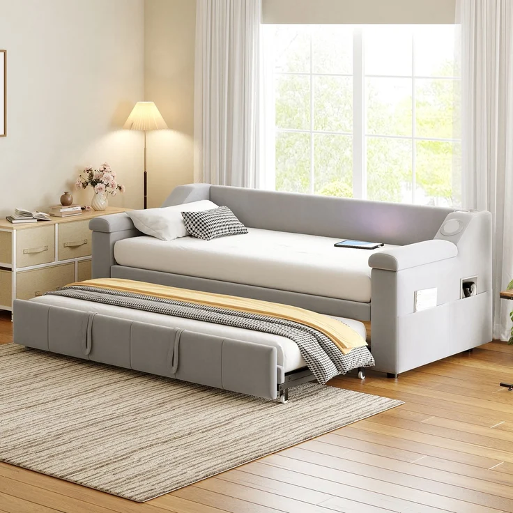 Ausziehbett 90/180×190 cm aus Samt mit Bluetooth-Sound und USB – multifunktionales Schlafsofa mit Stauraum – Bild 1