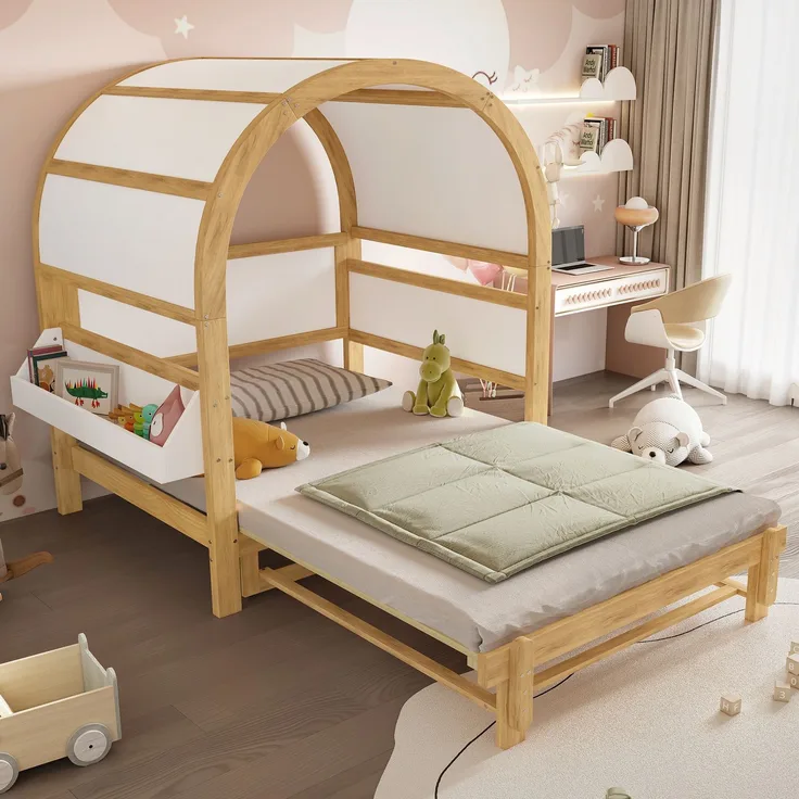 Gewölbedachbett erweiterbar mit Ausziehbett Funktion, Holzhaus Design aus Kiefer MDF, weiß-natur