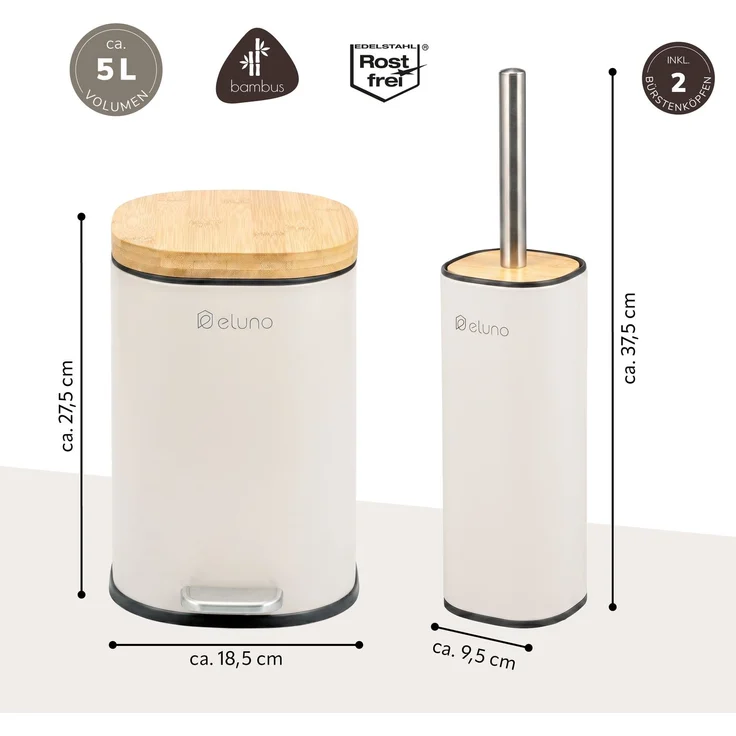 eluno Badezimmer Zubehör Set FRAMURA 2tlg. bestehend aus 1 Kosmetikeimer, 1 WC-Garnitur, Metall, Beige – Bild 7