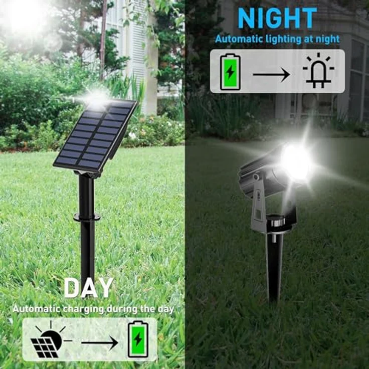 T-SUN Solar Gartenleuchte, 2 Stück Solarstrahler mit IP65 Wasserschutz, 2 Helligkeitsstufen, 3 Meter Kabel, automatischer Ein/Aus-Funktion, 6000K Kaltweiß – Bild 3