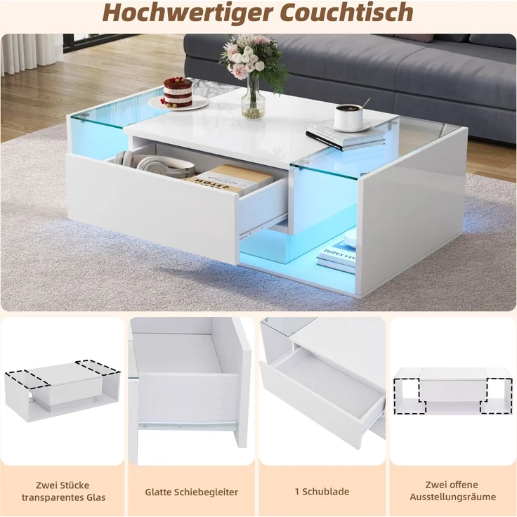 Quadratischer Couchtisch 100 x 50 x 31 cm, Hochglanz Weiß,gehärtetes Glas, 1 Schublade, halboffener Stauraum,mit LED-Lichtleiste – Bild 8