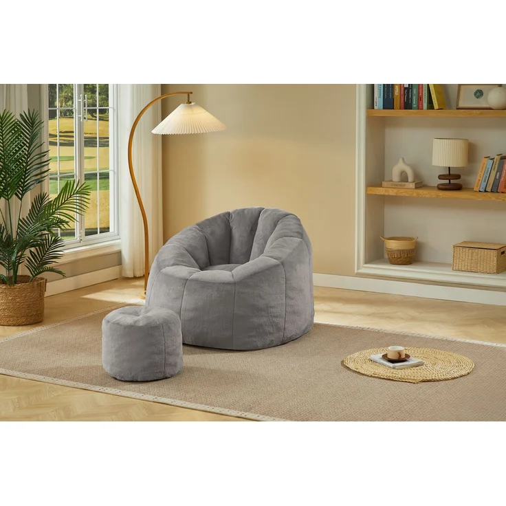 Weicher Blüten-Sitzsack für Erwachsene mit Fußhocker, vakuumverpackt ohne Montage, ideal für Wohnzimmer, Schlafzimmer & Balkon,Hellgra--Grau--105x105x70cm--YOUDENOVA – Bild 8