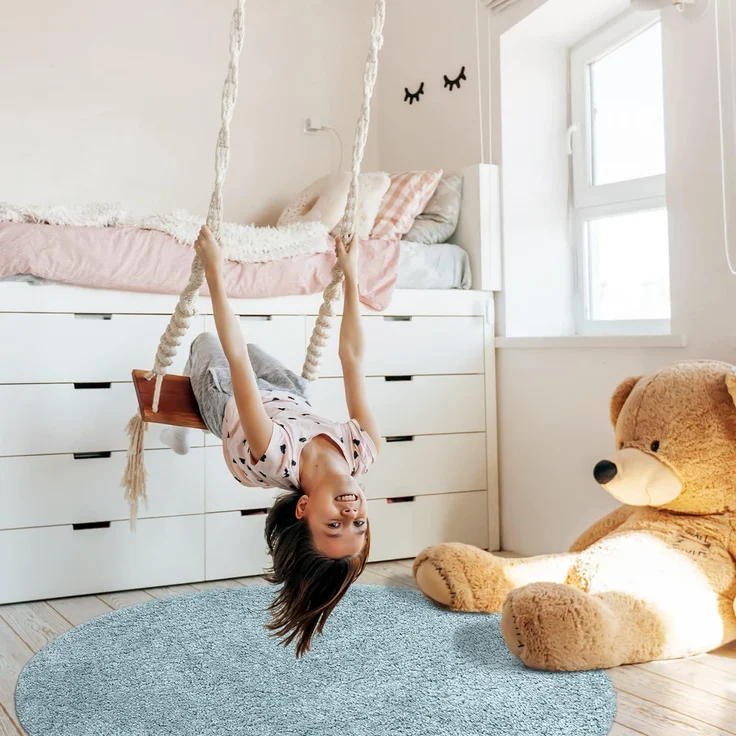 Teppich Rund Hochflor Shaggy - 160x160cm - Türkis Einfarbig Uni Flauschig Modern Boho Wohnzimmer Schlafzimmer Deko Teppiche Weich Schlafzimmer – Bild 6