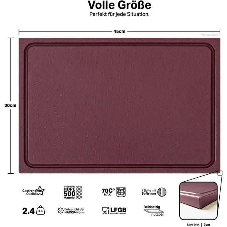 MUVELL Schneidebrett Kunststoff, Braun, 45x30x2 cm, mit Saftrille, EXTRA dick, Kunststoff, (Stück, 1-St, Schneidebrett), messerschonend,Saftrille,Extra Dick – Bild 1