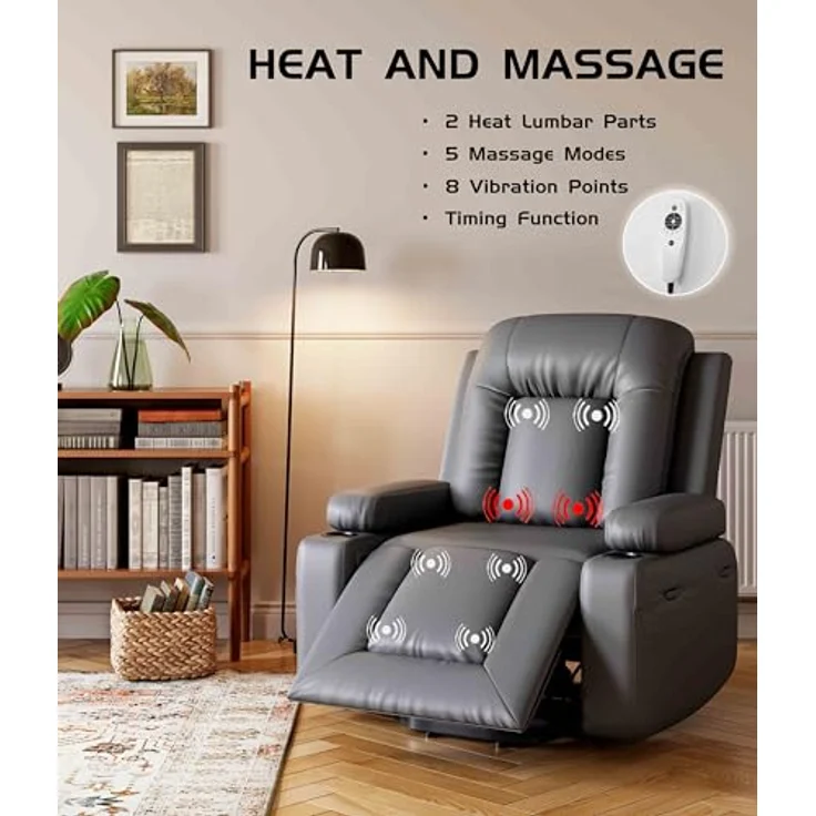Elektrischer Relax- & Massagesessel mit Aufstehhilfe, Heizung, Liegefunktion und verstellbarer Rückenlehne/Beinauflage – PU-Leder Fernsehsessel für Senioren und Personen mit eingeschränkter Mobilität – Bild 5