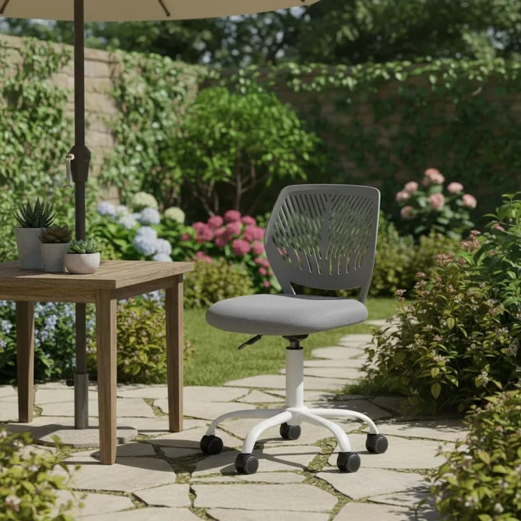 FurnitureR Lounge-Stuhl ergonomisch, höhenverstellbar, ohne Armlehnen, Netzrückenlehne, Sitzfläche 38x40 cm, Rückenlehne 32cm, Metallfuß mit Rollen, für Terrasse & Balkon, Dunkelgrau