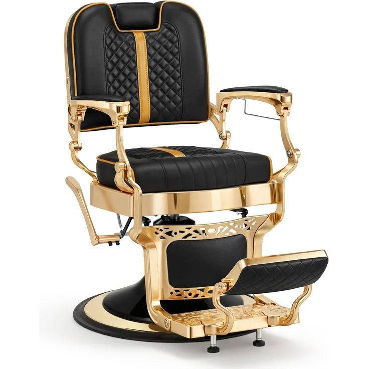 Barberpub Friseurstuhl mit Kopfstütze Kippbar, Friseureinrichtung mit Hydraulikpumpe 360° Drehbar, Höhenverstellbarer Bedienungsstuhl mit Vintage Stil, Barber Stuhl Kunstleder, 2965 (Gold-Schwarz) – Bild 1