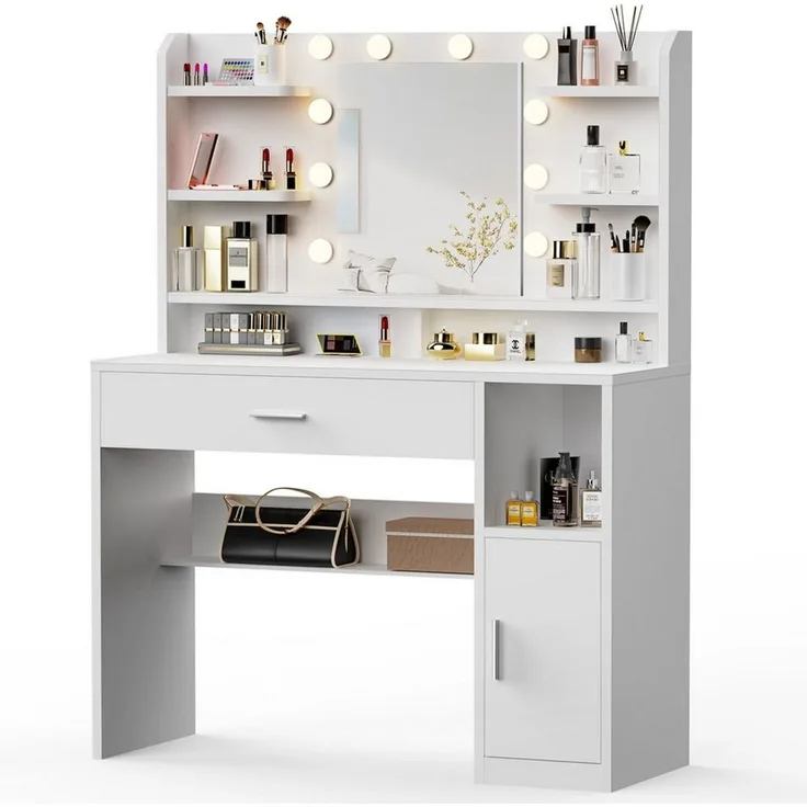 oyajia Schminktisch mit LED-Beleuchtung, einstellbare Helligkeit, mit 1 Schubladen,Spiegel (108*40*140 cm,6 offene Fächer, minimalistischer Stil Reichlich Stauraum Stabile)