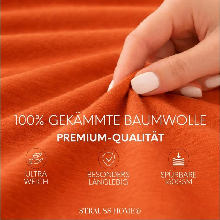 Strauss Home Spannbettlaken Premium 160 g/m² Gekämmte Baumwolle Jersey in Hotelqualität, Gummizug: Rundumgummi, OEKO-TEX®-zertifiziert - Hotelqualität – Formstabil & Langlebig – Bild 2