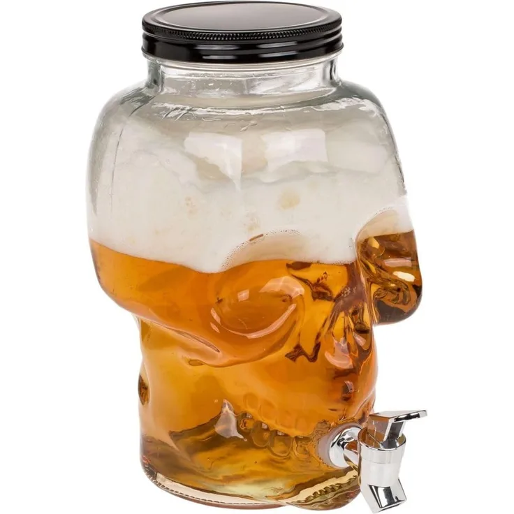 Getränkespender mit Zapfhahn 4 L Totenkopf aus Glas mit Deckel Totenschädel