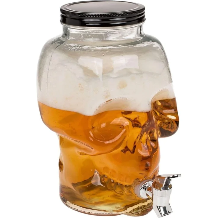 Getränkespender mit Zapfhahn 4 L Totenkopf aus Glas mit Deckel Totenschädel – Bild 1