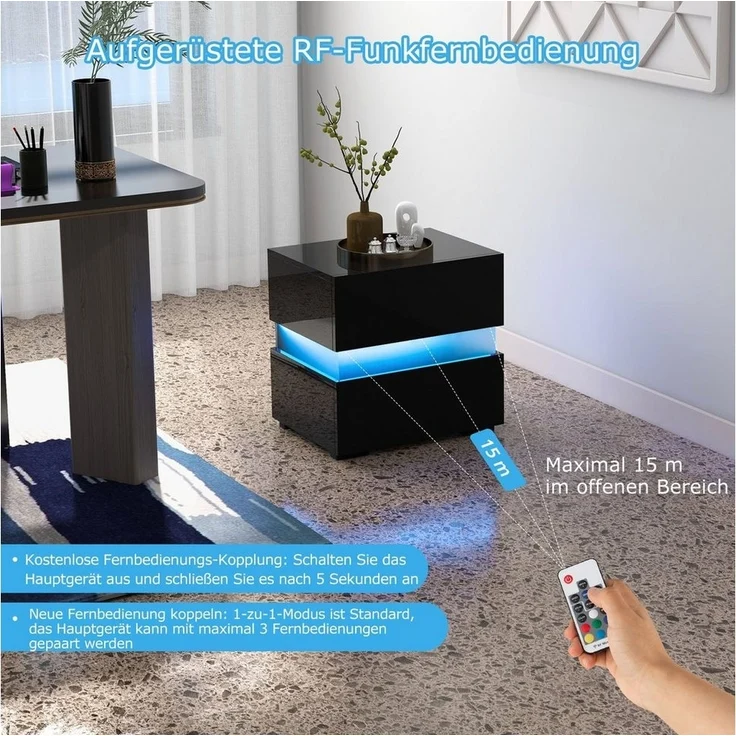 COSTWAY Nachttisch, mit LED Beleuchtung, Fernbedienung, 20 Farben, Hochglanz – Bild 2