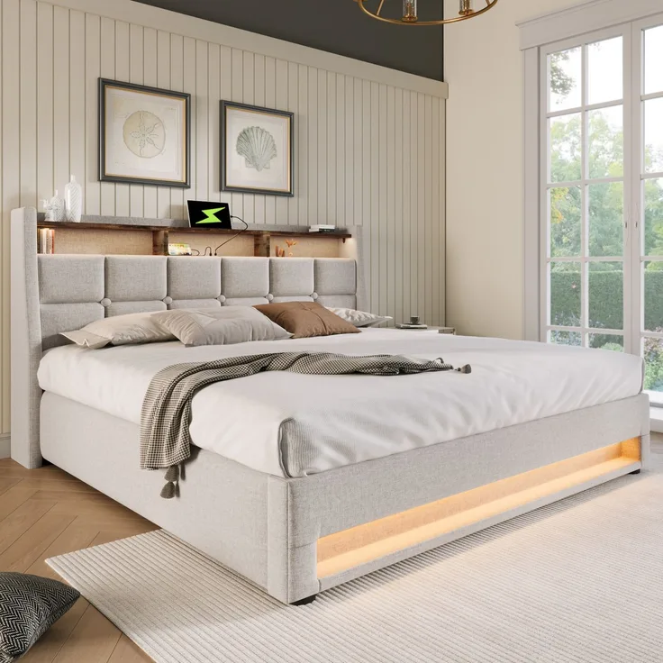 Polsterbett 180x200 cm mit USB, LED und Stauraum – Bettgestell aus Leinenstoff in Hellbeige