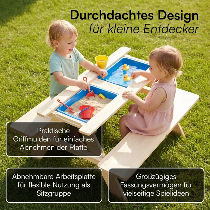 Bellabino 'Inny' Sitzgarnitur für Kinder, Kiefer massiv, natur unbehandelt, 50x89x80 cm, Kindersitzgarnitur für 4 Personen, Matschtisch mit 2 Wannen, ab 2 Jahren – Bild 4